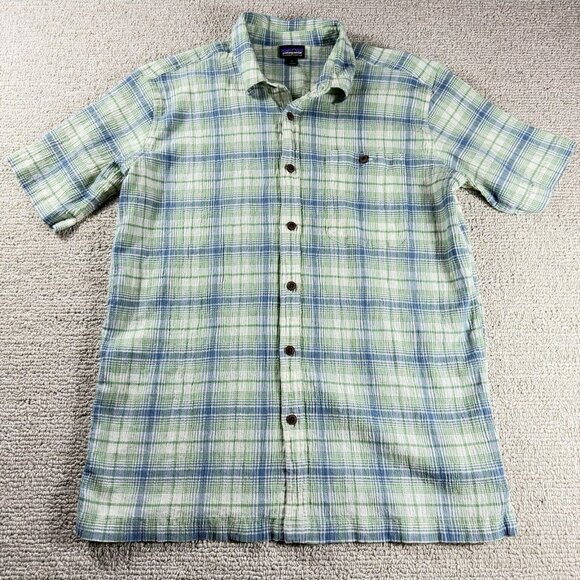 Patagonia A/C Short Sleeve Button Up Shirt Green Blue Men’s Size Large - Picture 1 of 7